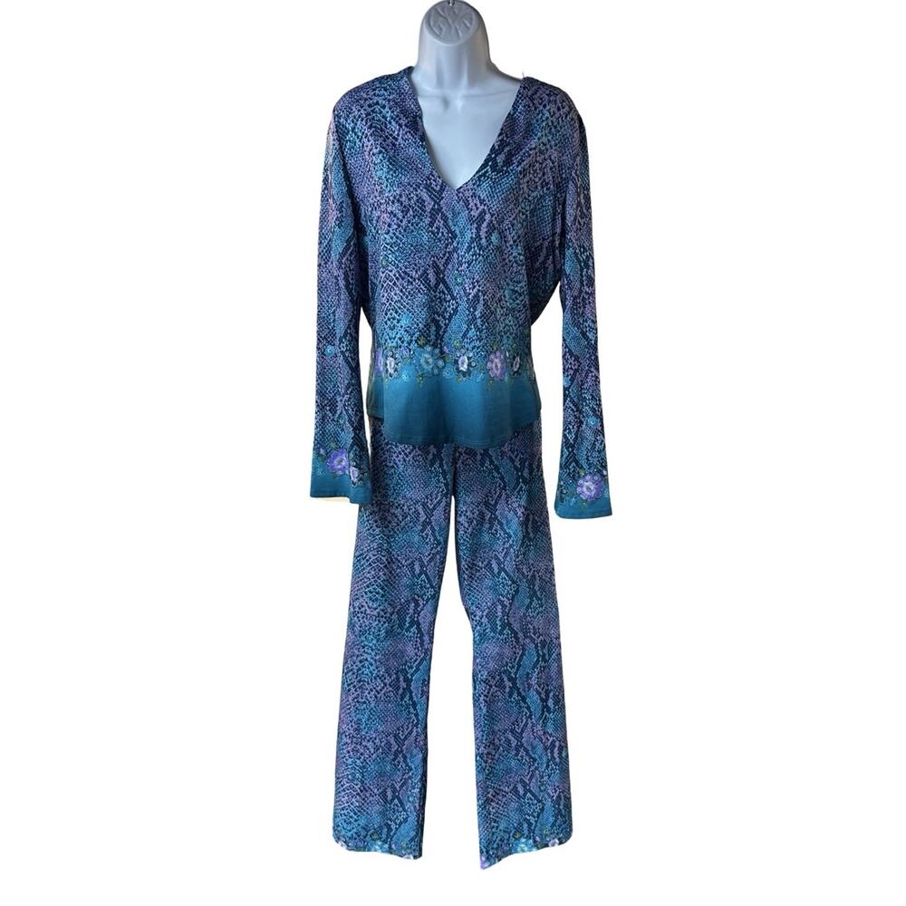 Cache 2 Piece Animal Print Pant Set Women Blue Purple Wide Leg Boho Lounge L/12
